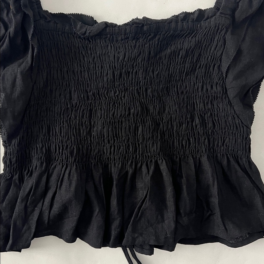NWT SUNCOO PARIS Black Smocked Peplum Linen Blend Babydoll Flutter Sleeve Top T3 - Picture 7 of 9